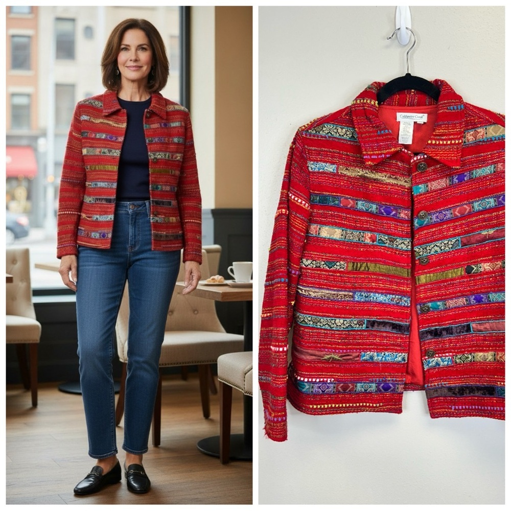 Boho Artsy Red Multistripe Jacket Textured Petite M Art Teacher Hippie Colorful